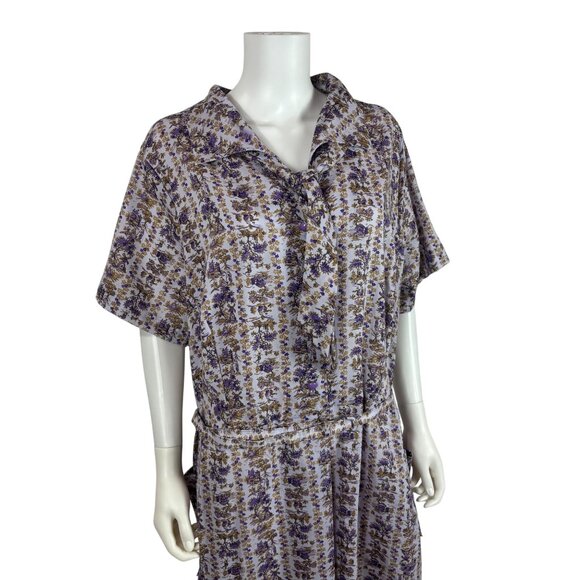 Vintage 60s Toile Dress Womens 2X Purple Novelty Print Belted Volup Necktie Shir - Picture 5 of 14